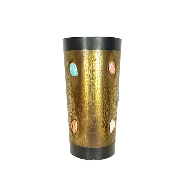 Mid-Century Modern Mid-Century Italian Black Metal Engraved Brass and Ceramic Umbrella Stand, 1950s For Sale - Image 3 of 11