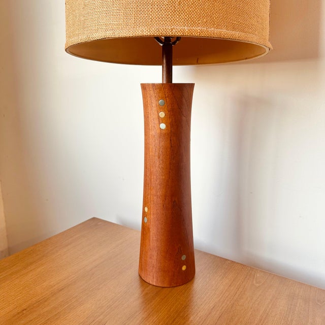 Rare Turned Teak and Ceramic Martz Dots Lamp With Shade For Sale - Image 4 of 7