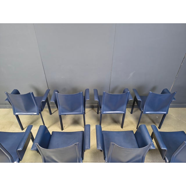 Vintage Blue Leather Dining Chairs, Italy, 1980s, Set of 8, in Very Good conditions. Designed 1980 to 1989