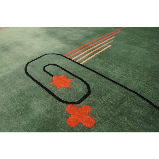 Early 20th Century 1920s Green Abstract Minimalist Antique Chinese Art Deco Rug 8'10'' X 11'7' Handknotted Wool Carpet For Sale - Image 5 of 7