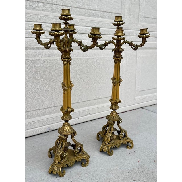 Exceptional Pair of French Restoration Period Gilt Bronze 5-Light Candelabras France, Circa 1830 For Sale - Image 10 of 18