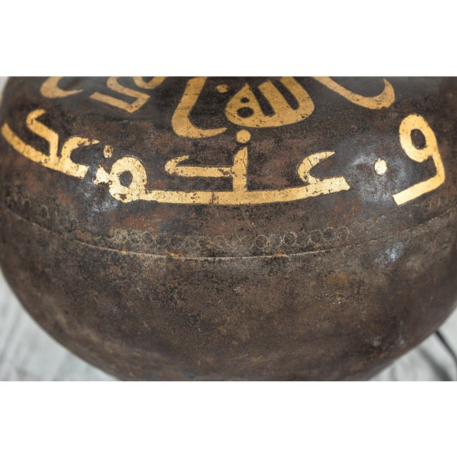 Indian Vintage Indian Metal Jug Converted to Table Lamp with Hand-Painted Script For Sale - Image 3 of 18