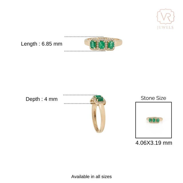 14k Yellow Gold Modern Classic Emerald Diamond Three Stone Ring Size 5 For Sale - Image 12 of 16
