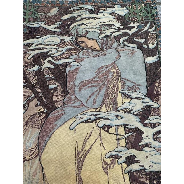 French Aubusson Style Jacquard Tapestry Winter by Alphonse Mucha, 2000s For Sale - Image 16 of 18