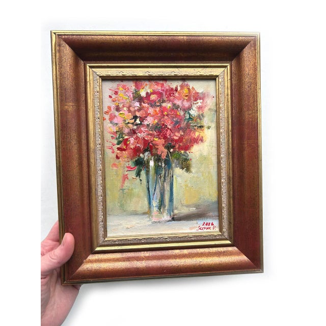 Textile Framed Red Floral Original Oil Painting by Valeriya Serova For Sale - Image 7 of 12