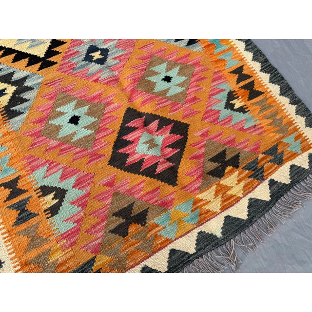 Vintage Afghan Handwoven Colorful Kilim Rug, Geometric Tribal Flat-Weave Wool Rug For Sale - Image 4 of 11