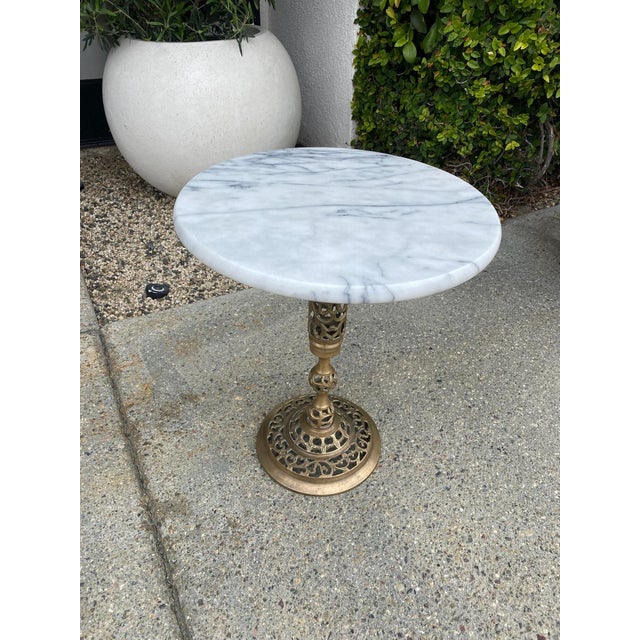 Mid 20th Century Vintage Pierced Brass Pedestal Side Table With Marble Top For Sale - Image 5 of 13