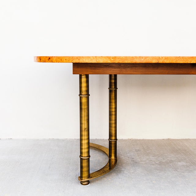 Mastercraft Restored 1970s Burl & Brass Mastercraft Dining Table With Two Leaves, Attributed For Sale - Image 4 of 13