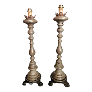 Mid 19th Century Italian Wooden Church Candlesticks in the Shape of Torch Holder - a Pair