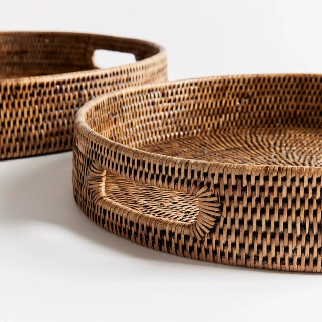 Coastal Burma Rattan Round Ottoman Trays Small, Set Of 2 For Sale - Image 3 of 4