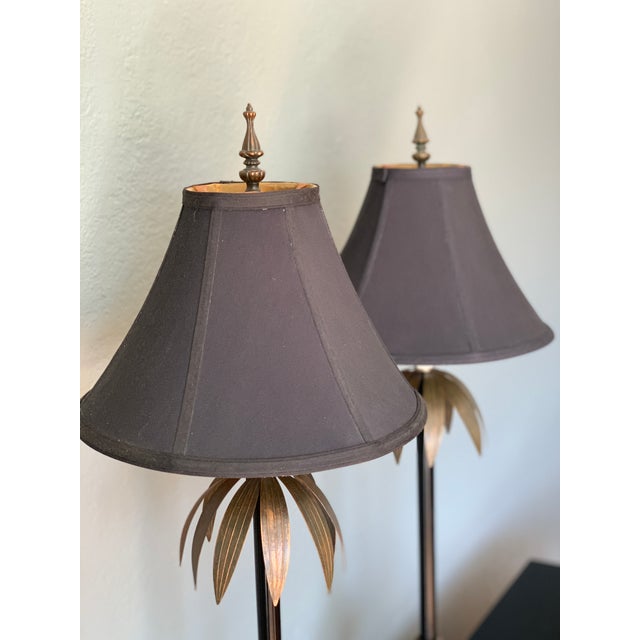 Metal Late 20th Century Large Palm Buffet Lamps With Brass Accents and Black Shades, Pair For Sale - Image 7 of 13