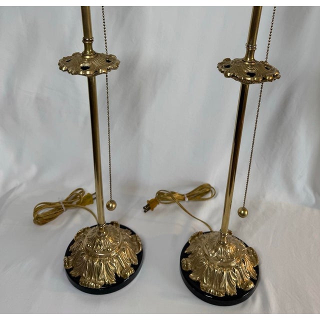 Metal Antique Brass Acanthus Leaf Buffet Table Lamps Brass Pull Chains Black Marble Bases - a Pair For Sale - Image 7 of 12
