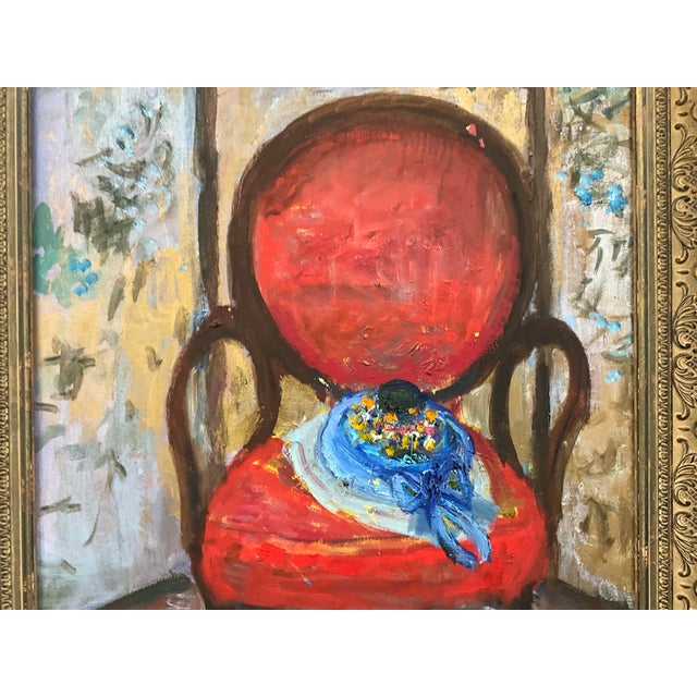 Description Original oil on canvas by Lily Birnbaum Javits, depicting a vivid red armchair set within an atmospheric...
