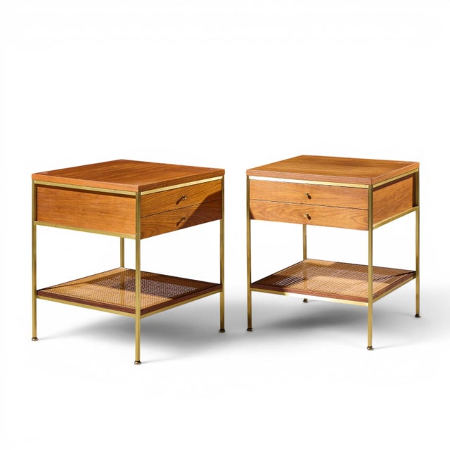 Paul McCobb Model 8714 Mid Century Mahogany, Brass and Cane Nightstands - Pair Each nightstand measures: 20 wide x 20 deep...