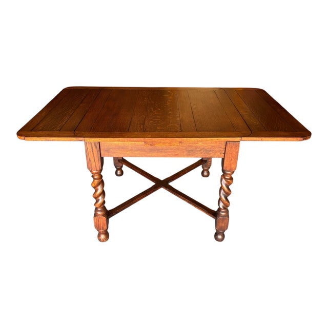 1930s Solid Quarter Sawn Oak Barley Twist Draw Leaf Table. For Sale - Image 9 of 12