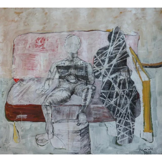 Large scale figurative oil and pastel painting on found paper. 83.5X82. 2014. Signed and dated. Purchased from artist....