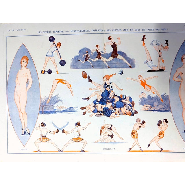 Authentic La Vie Parisienne 1921 A. Vallée "Les Sports Féminins — " Illustrated Centerfold Print For Sale - Image 4 of 4