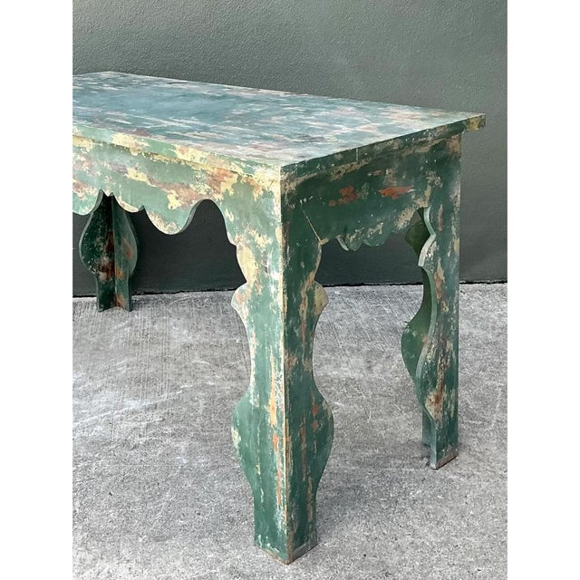 Vintage Distressed Scalloped Green Wood Table For Sale - Image 4 of 14