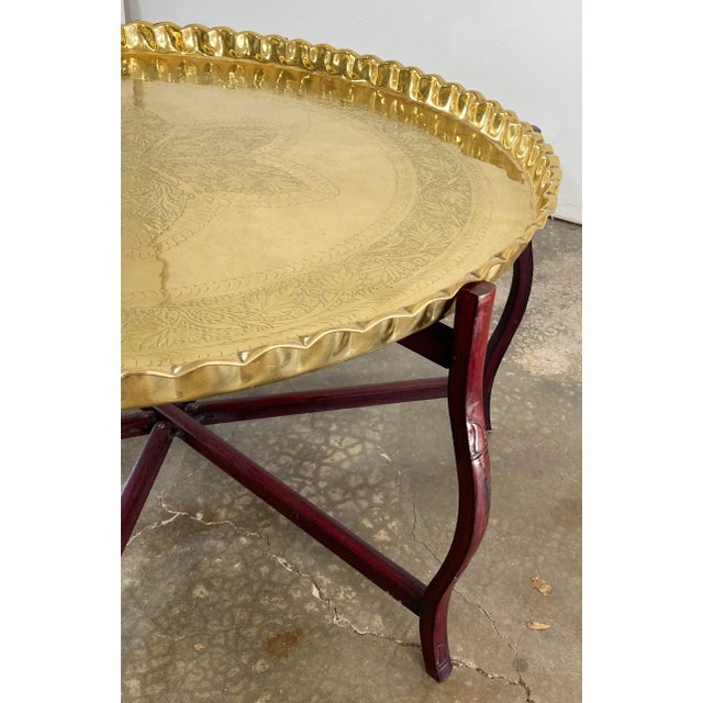 Vintage Scalloped Brass Tray Table With Collapsible Wood Base For Sale - Image 9 of 12