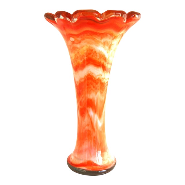 Vintage Murano Style Orange and White Swirled Swung Vase For Sale