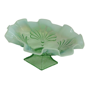 Jefferson Glass Beaded Fan Style Green Opalescent Candy Dish Square Foot 4566b