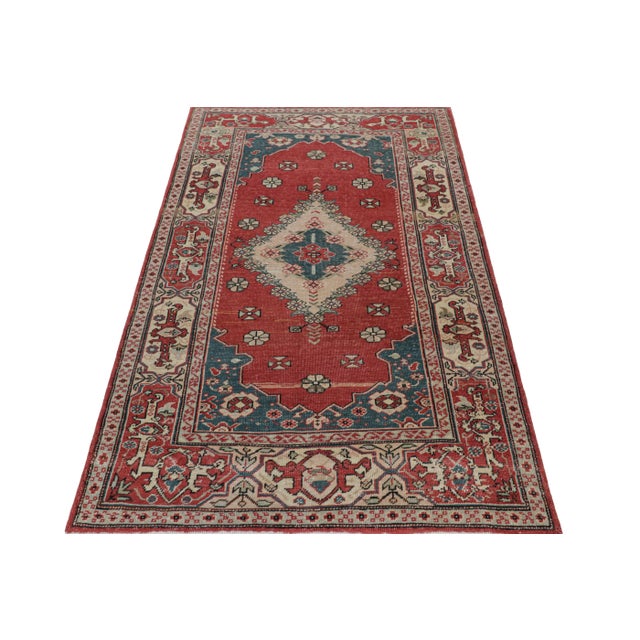 1950s Vintage Turkish Rug in Red With Colorful Floral Medallion, From Rug & Kilim For Sale - Image 5 of 7