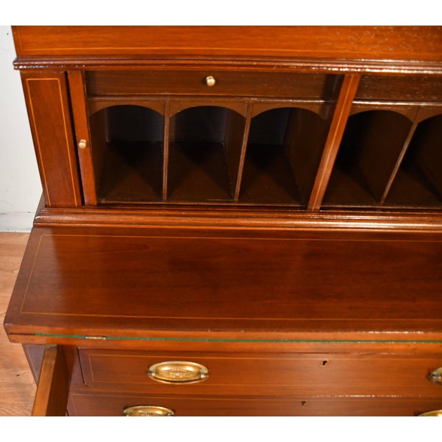 1910s Antique English Sheraton Mahogany Inlaid Writing Secretary Tambour Desk. For Sale - Image 15 of 18