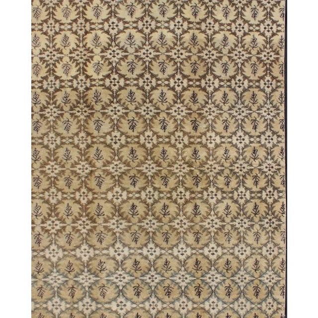 Measures: 5'8 x 8'6. Vintage Turkish Modern Rug with Repeating Geometric Pattern in Beige, Brown, and Soft Gray Tones....