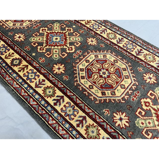 Gray Charcoal Gray, Cream and Red Kazak Wool Runner Rug, 2'8" X 13' For Sale - Image 8 of 16