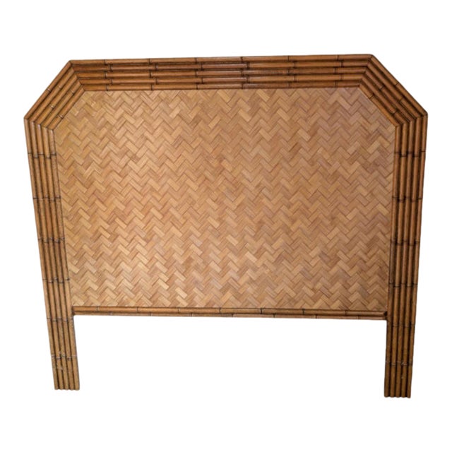 Vintage Faux Bamboo Full Headboard With Herringbone Parquet Rattan, in the Style of Dixie For Sale