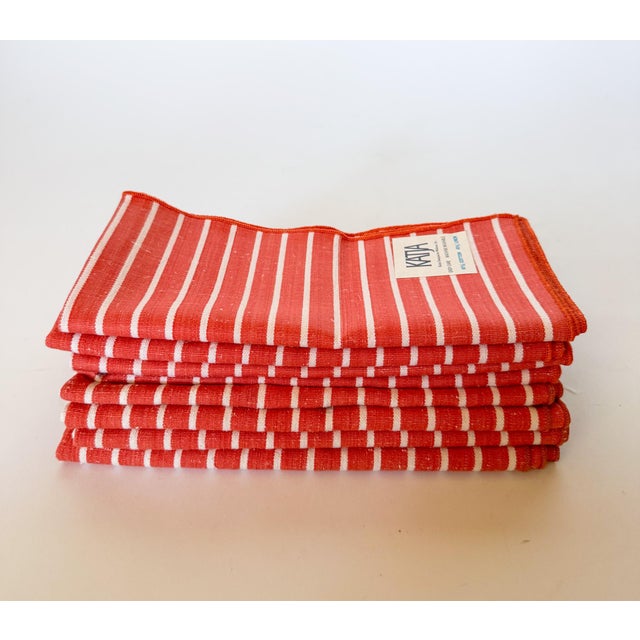 It's no secret, we love cloth napkins so much. These charming vintage linen napkins are Persimmon red-orange and white...