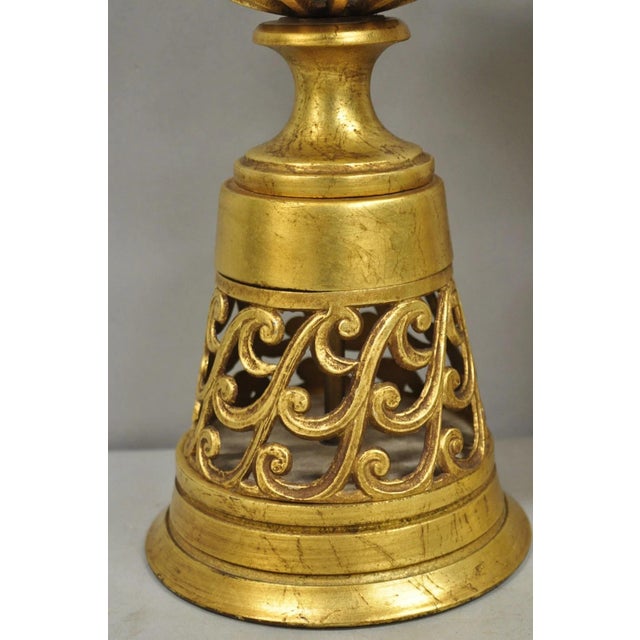 Vintage Italian Hollywood Regency Gold Gilt Iron Metal Fretwork Table Lamps Pair For Sale In Philadelphia - Image 6 of 12