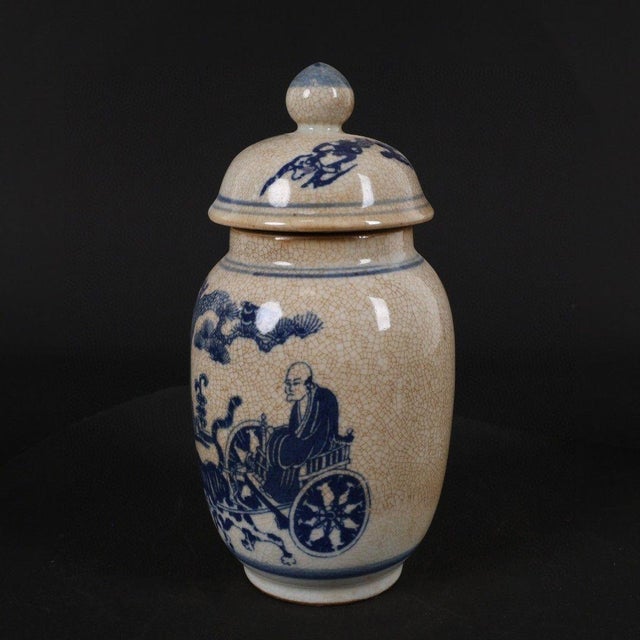 Chinoiserie Chinoiserie Crackle Glaze Blue White Guigu Descending Mountain Figural Ginger Jar For Sale - Image 3 of 9