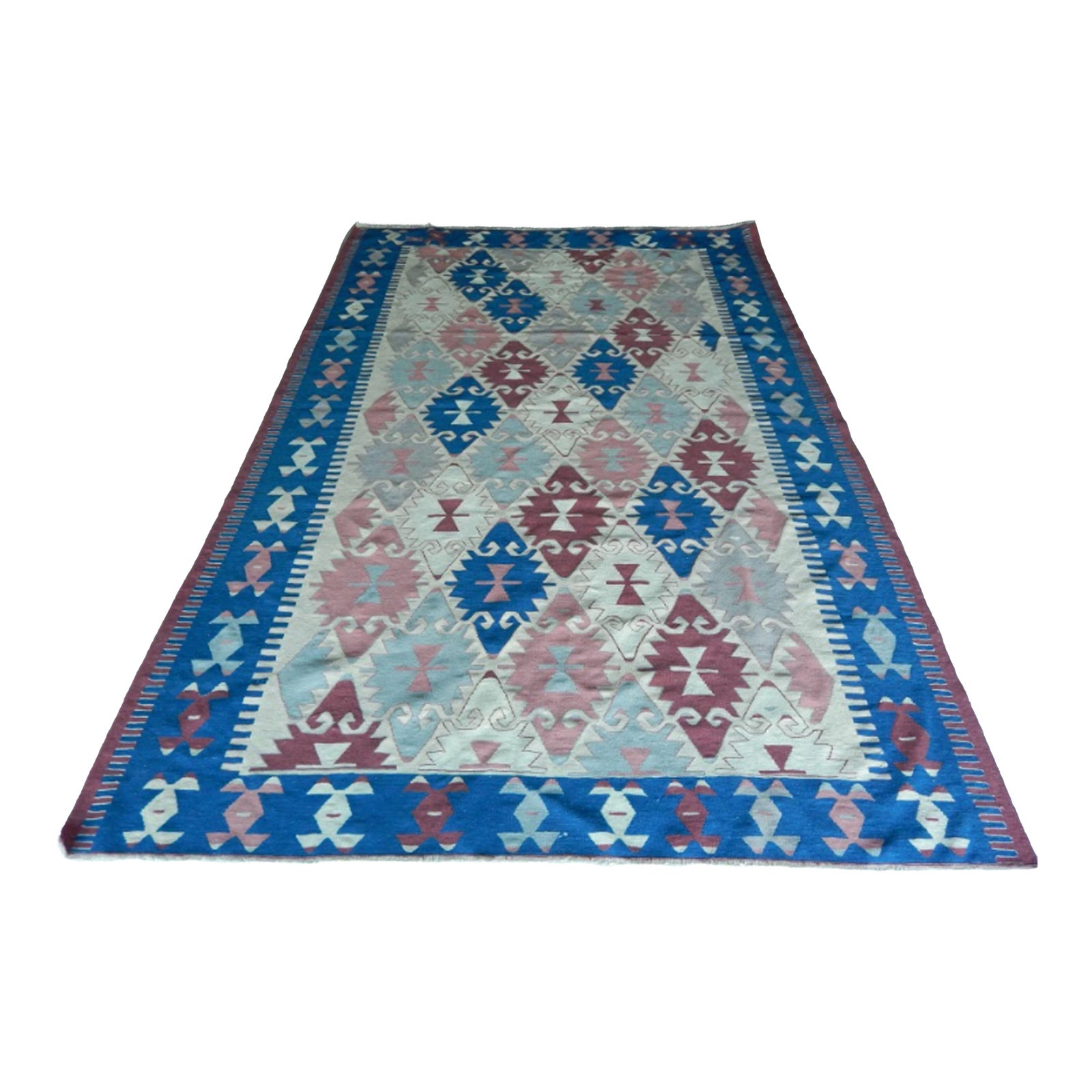 Vintage Blue Turkish Kilim Rug With Diamond Pattern | Chairish