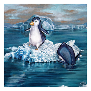 Sofía Cristina Jiménez, Inflatable Emperor Penguin Chicks on a Small Iceberg Landscape, Acrylic Painting, 2023