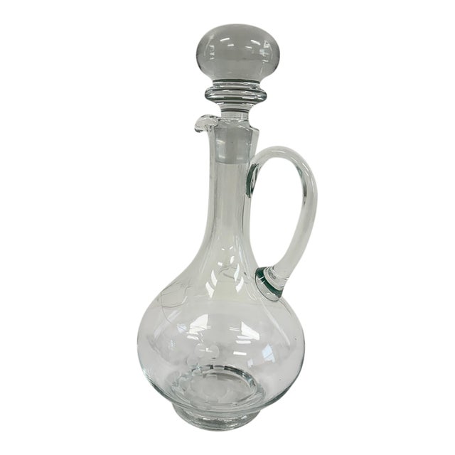 Vintage 1980s Etched Crystal Grape Vine Wine Decanter With Handle & Ball Stopper For Sale