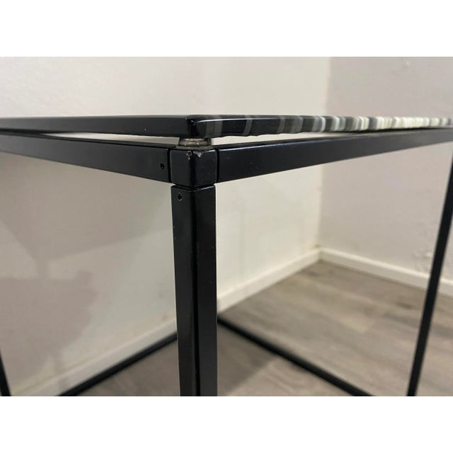 Modern Glass Topped Table Striped Black,White, and Gray on Open Steel Base, Attributed to Modjulez For Sale - Image 4 of 11