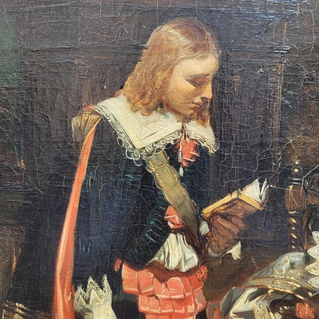 Reading, Interior Scene, 1800s, Oil on Canvas, Framed For Sale - Image 7 of 17