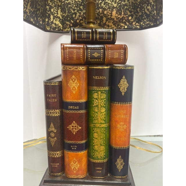 Pair of Vintage Rare Maitland Smith Leather Book Lamps great for end tables or large desk. Leather shade 16" square