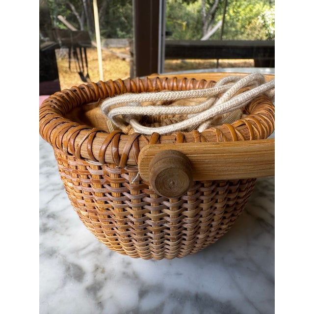 Vintage Nantucket Woven Sewing Basket With Moving Handle, Drawstring Liner & Matching Pin Cushion For Sale - Image 11 of 11