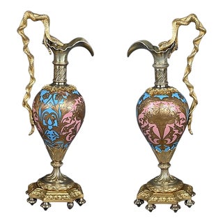 Napoleon III Bronze and Cloisonné Enamel Ewers, Mid-19th Century, Set of 2 For Sale