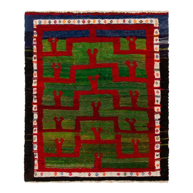 1950s Vintage Tulu Rug, Blue Border With Green and Red Geometric Pattern For Sale