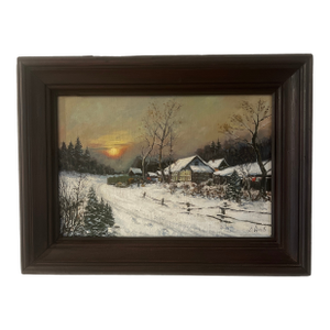 1980s Modern Oil on Canvas Board Framed Signed Siberian Evening by D. Orlov