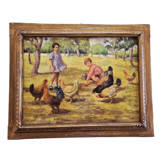 Lo Presti, Children with Chickens, 1920s, Oil Painting on Canvas, Framed For Sale