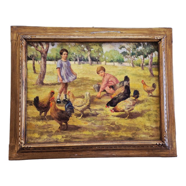 Lo Presti, Children with Chickens, 1920s, Oil Painting on Canvas, Framed For Sale