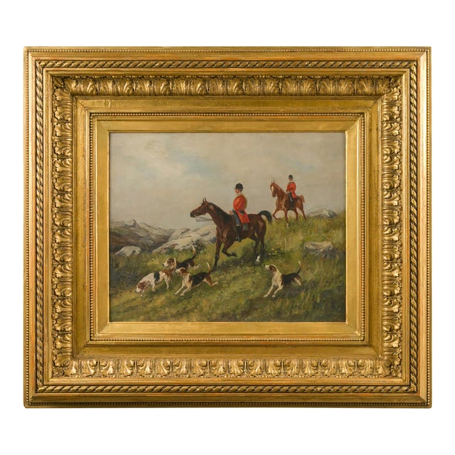 English 1880s Oil on Board Painting Depicting a Hunting Scene, in Antique Frame For Sale