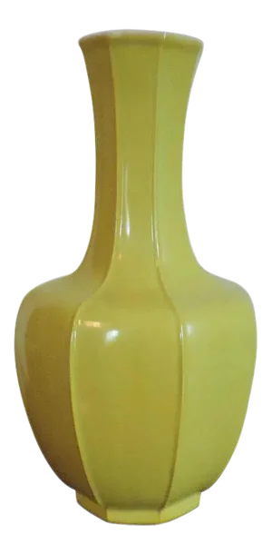 1930s Chinese Art Deco Monochrome Yellow Porcelain Bottle Shaped Vase with Octagonal Ribs