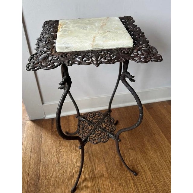 Victorian Antique 1890s National Brass & Iron Works Ornate Victorian Cast Iron and Onyx Plant Stand For Sale - Image 3 of 16