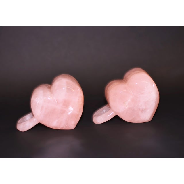Valentine's Natural Rose Quartz Pink Heart Shaped Cups Pair For Sale In Los Angeles - Image 6 of 13
