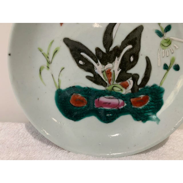 19th Century Antique Chinese Famille Rose Hand Painted Butterfly Porcelain Saucer For Sale - Image 4 of 11